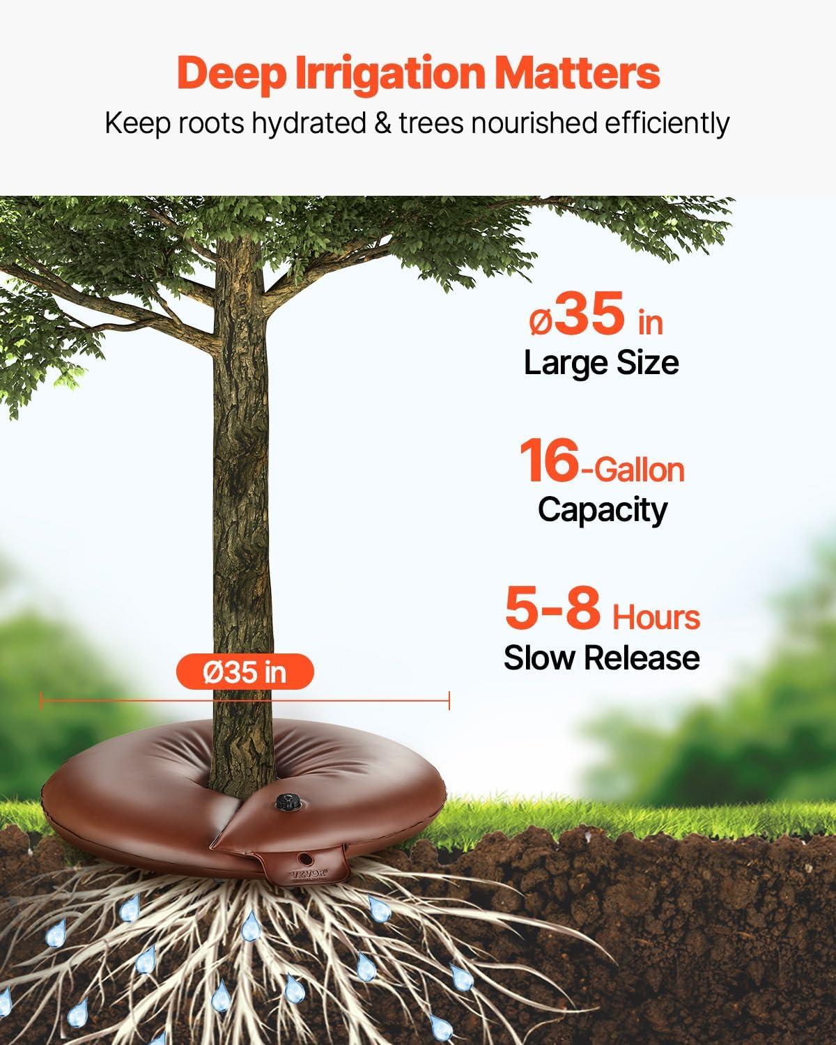 image:imageVEVOR Tree Watering Bag 25 Packs 20 Gallons Watering Bags for New Trees 59 Hours Slow Release Refillable Tree Drip Irrigation Bags with Zipper Durable Tree Watering System for Deep Root Targeting4Pcs 16Gal Ring