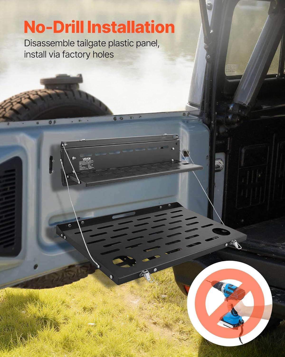 image:imageVEVOR Tailgate Table for 20212026 Ford Bronco 4 Door Hardtops Exclude Bronco Sport Foldable Molle Panel Drop Down Table Rear Door Cargo Storage Rack Shelf Luggage Holder CarrierFord Bronco20212025