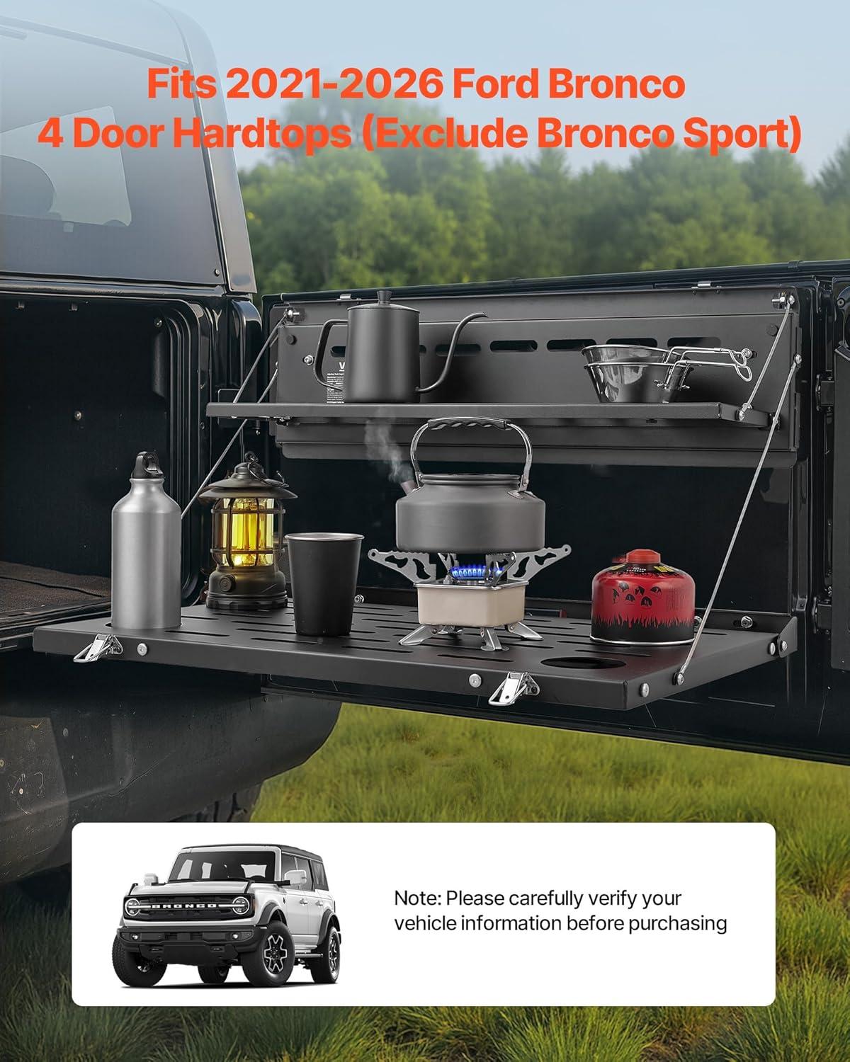 image:imageVEVOR Tailgate Table for 20212026 Ford Bronco 4 Door Hardtops Exclude Bronco Sport Foldable Molle Panel Drop Down Table Rear Door Cargo Storage Rack Shelf Luggage Holder CarrierFord Bronco20212025