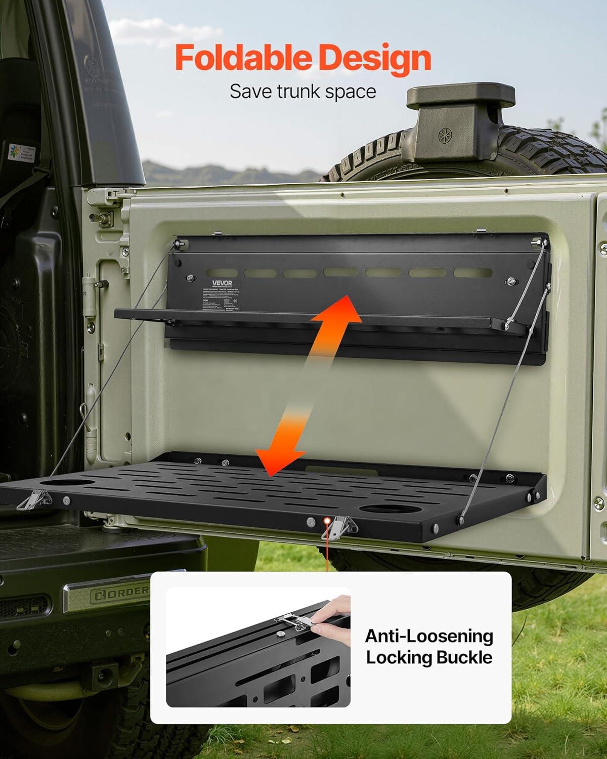 image:imageVEVOR Tailgate Table for 20212026 Ford Bronco 4 Door Hardtops Exclude Bronco Sport Foldable Molle Panel Drop Down Table Rear Door Cargo Storage Rack Shelf Luggage Holder CarrierFord Bronco20212025