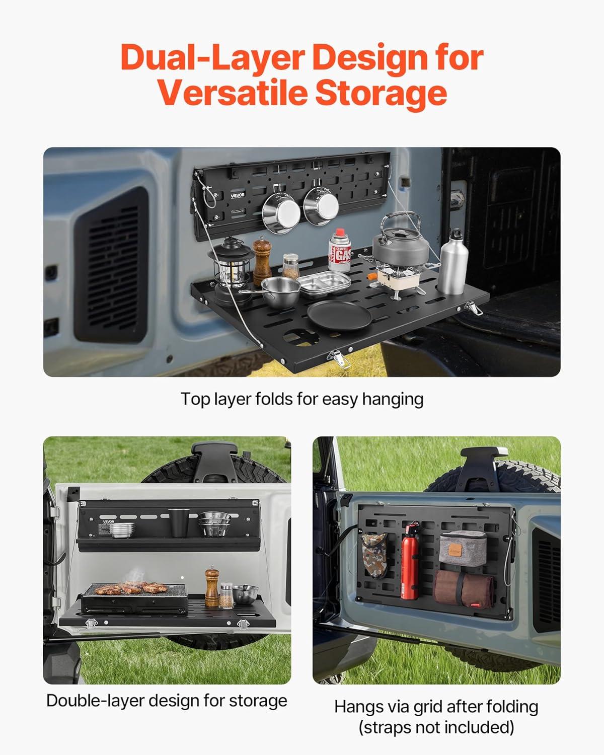 image:imageVEVOR Tailgate Table for 20212026 Ford Bronco 4 Door Hardtops Exclude Bronco Sport Foldable Molle Panel Drop Down Table Rear Door Cargo Storage Rack Shelf Luggage Holder CarrierFord Bronco20212025