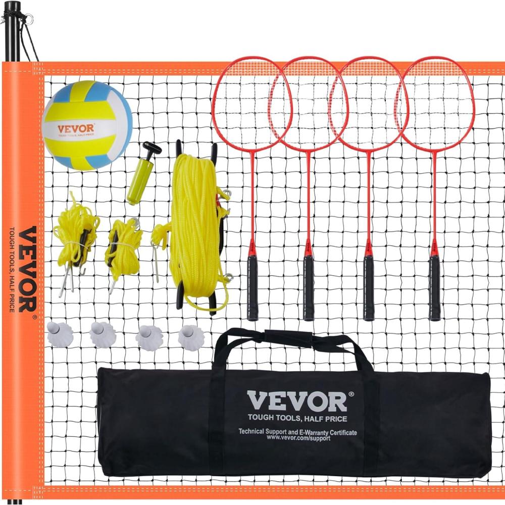 image:imageVEVOR Volleyball and Badminton Set Outdoor Portable Badminton Net Adjustable Height Steel Poles Professional Combo Set with PVC Volleyball Pump Carrying Bag Easy Setup for Backyard Beach Lawn