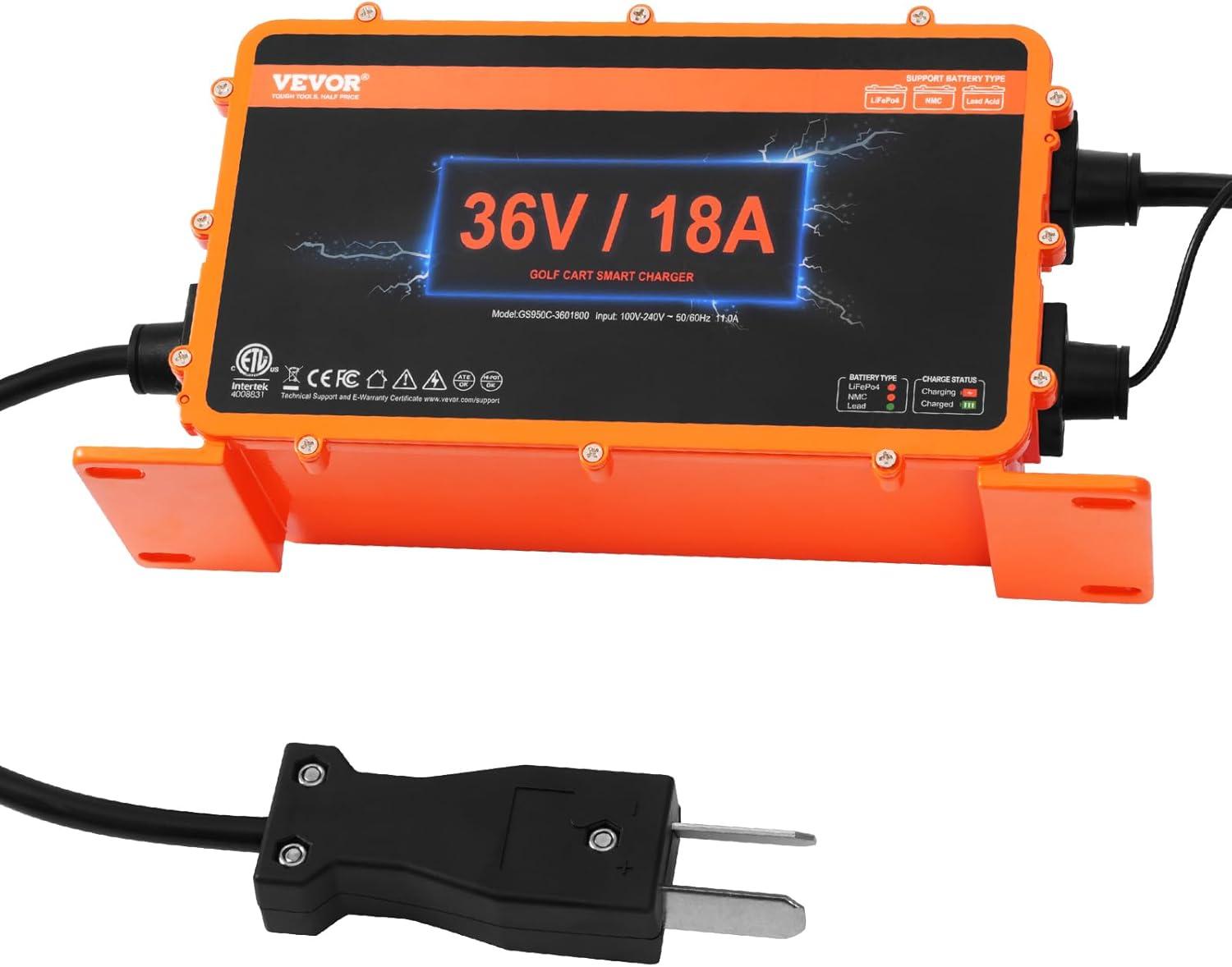 image:imageVEVOR 36 Volt Golf Cart Battery Charger 12 AMP Smart Battery Charger with DStyle Plug Compatible with LeadAcid AGMGelEFB MF NMC LiFePO4 Batteries for EZGO TXT IP67 Waterproof ETL Certified36V 18A For Crowfoot Plug