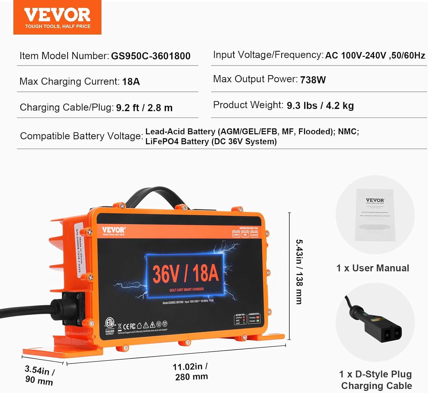 image:imageVEVOR 36 Volt Golf Cart Battery Charger 12 AMP Smart Battery Charger with DStyle Plug Compatible with LeadAcid AGMGelEFB MF NMC LiFePO4 Batteries for EZGO TXT IP67 Waterproof ETL Certified36V 18A For DStyle Plug
