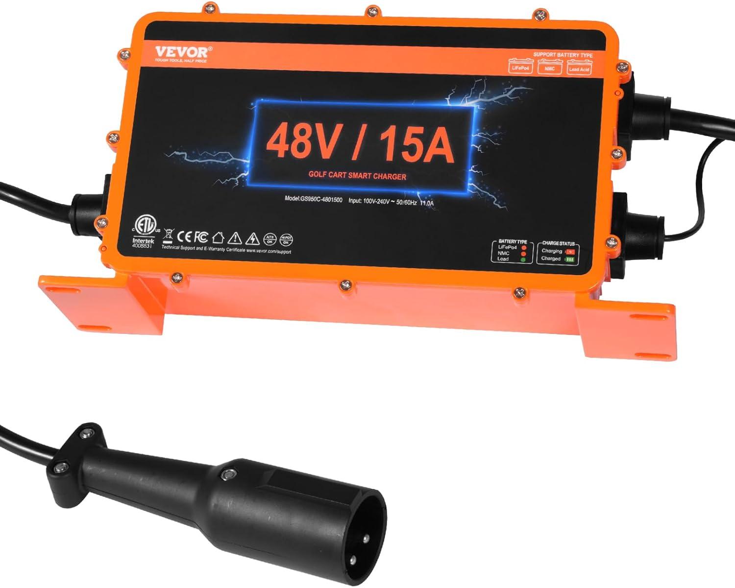image:imageVEVOR 36 Volt Golf Cart Battery Charger 12 AMP Smart Battery Charger with DStyle Plug Compatible with LeadAcid AGMGelEFB MF NMC LiFePO4 Batteries for EZGO TXT IP67 Waterproof ETL Certified48V 15A For 3Pin Round Plug