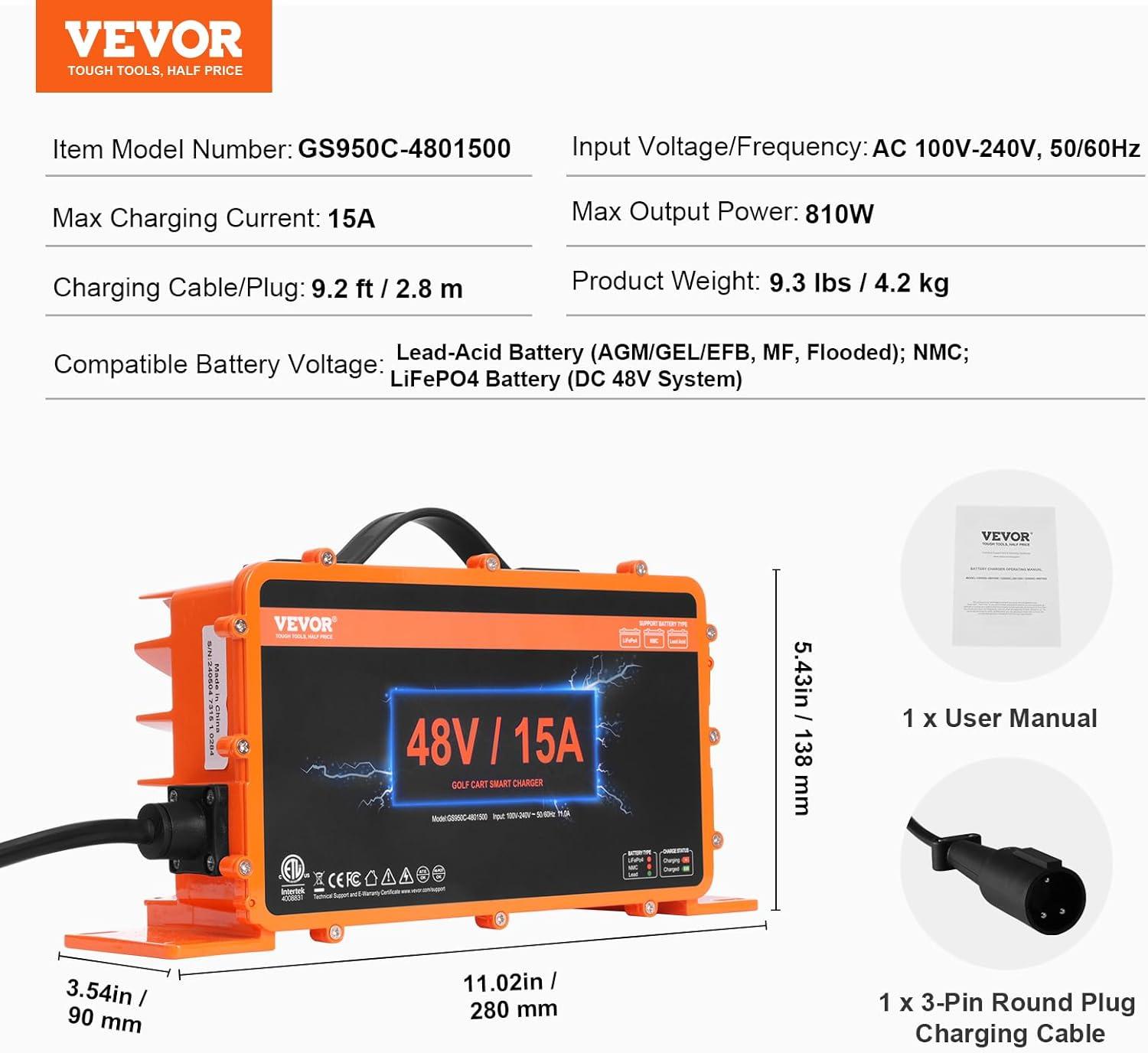 image:imageVEVOR 36 Volt Golf Cart Battery Charger 12 AMP Smart Battery Charger with DStyle Plug Compatible with LeadAcid AGMGelEFB MF NMC LiFePO4 Batteries for EZGO TXT IP67 Waterproof ETL Certified48V 15A For 3Pin Round Plug