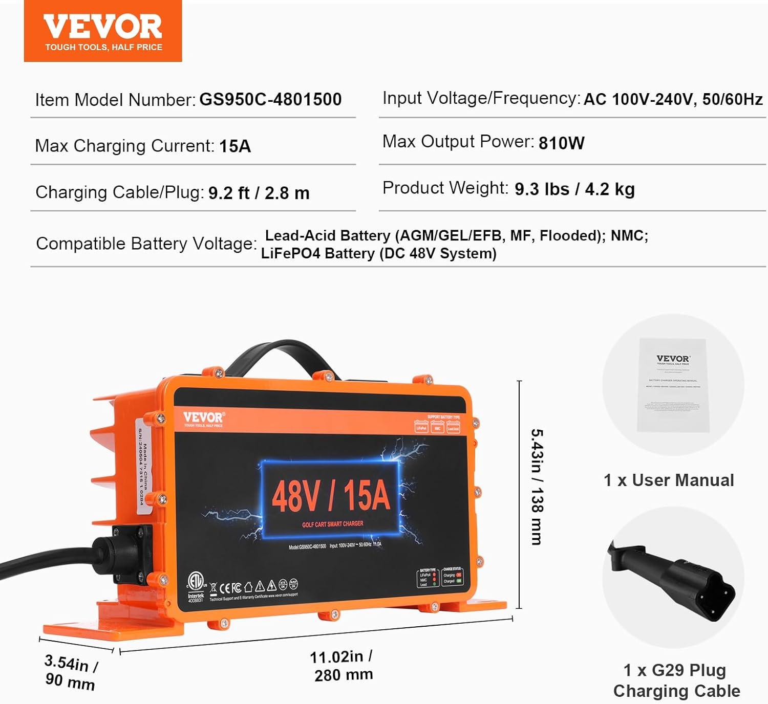 image:imageVEVOR 36 Volt Golf Cart Battery Charger 12 AMP Smart Battery Charger with DStyle Plug Compatible with LeadAcid AGMGelEFB MF NMC LiFePO4 Batteries for EZGO TXT IP67 Waterproof ETL Certified48V 15A For G29 Plug
