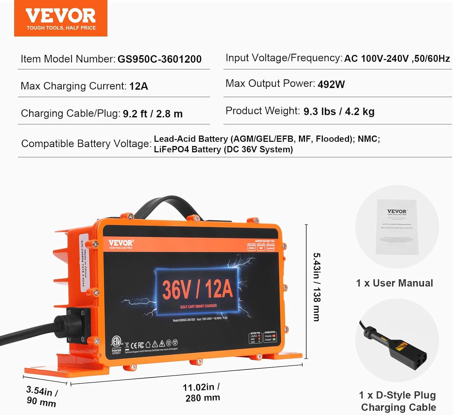image:imageVEVOR 36 Volt Golf Cart Battery Charger 12 AMP Smart Battery Charger with DStyle Plug Compatible with LeadAcid AGMGelEFB MF NMC LiFePO4 Batteries for EZGO TXT IP67 Waterproof ETL Certified36V 12A For DStyle Plug