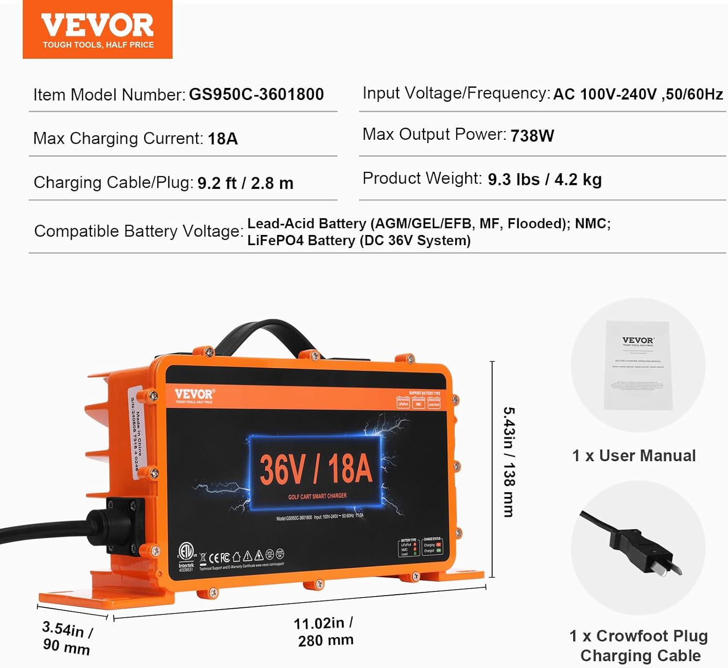 image:imageVEVOR 36 Volt Golf Cart Battery Charger 12 AMP Smart Battery Charger with DStyle Plug Compatible with LeadAcid AGMGelEFB MF NMC LiFePO4 Batteries for EZGO TXT IP67 Waterproof ETL Certified36V 18A For Crowfoot Plug