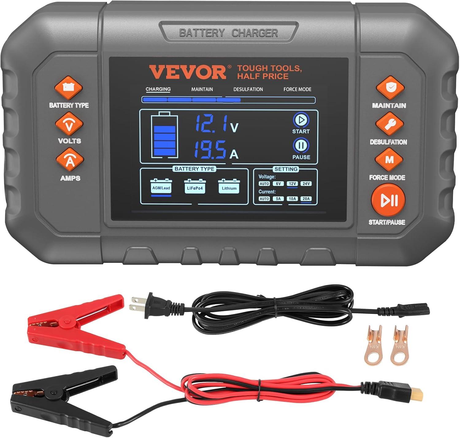 image:imageVEVOR Smart Battery Charger 20Amp Lithium LiFePO4 LeadAcid AGMGelSLA Car Battery Charger with LCD Display Trickle Charger Maintainer Desulfator for Boat Motorcycle Lawn Mower Deep Cycle20Amp