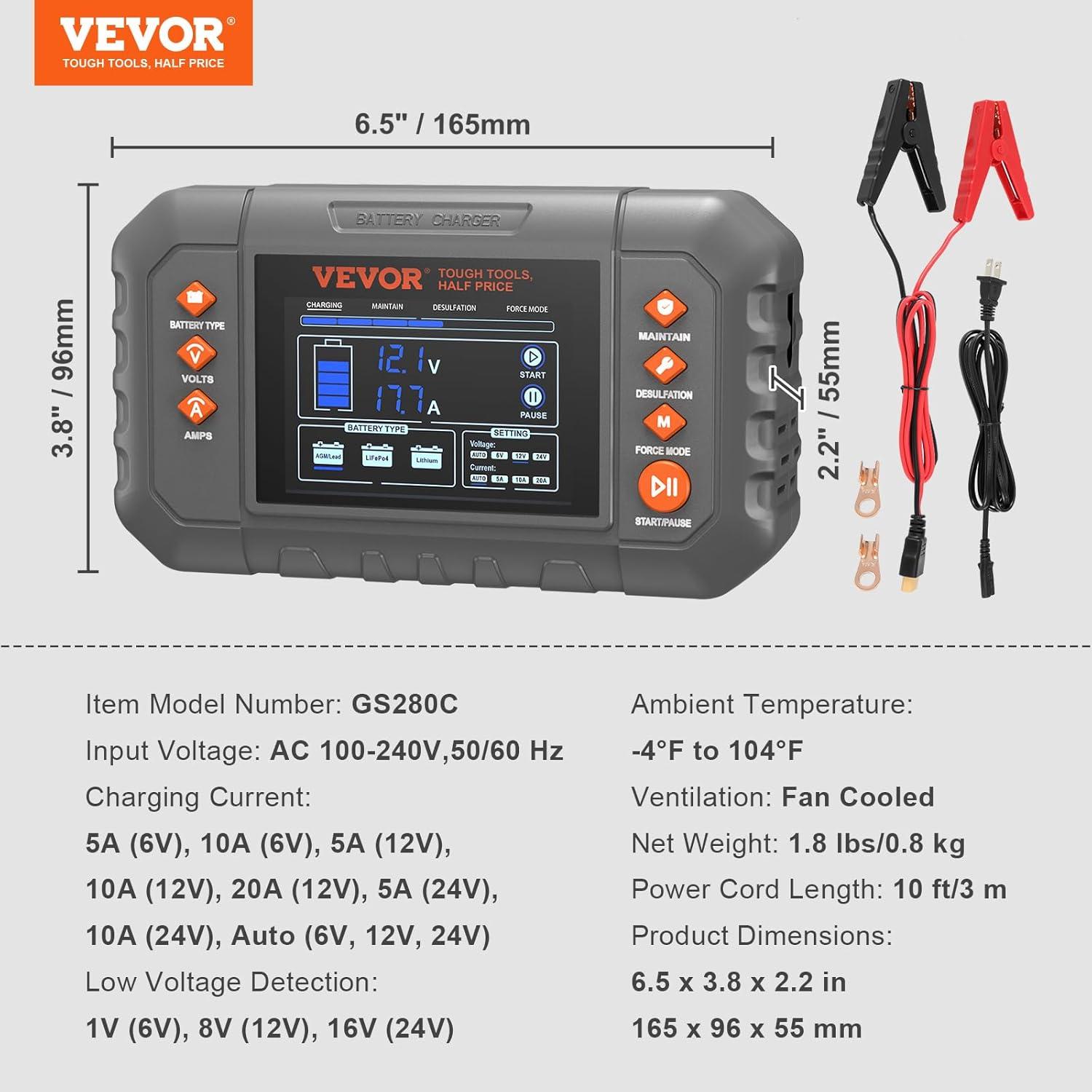 image:imageVEVOR Smart Battery Charger 20Amp Lithium LiFePO4 LeadAcid AGMGelSLA Car Battery Charger with LCD Display Trickle Charger Maintainer Desulfator for Boat Motorcycle Lawn Mower Deep Cycle20Amp