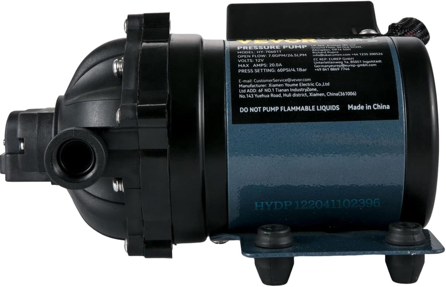 image:imageVEVOR 12V Diaphragm Pump 3 GPM 1136 Lmin 3Chamber 12 Volt DC Water Pump with Automatic Pressure Switch 40100 PSI Adjustable 50 PSI 12 MNPT Port for RV Yacht Food Truck Camper Marine12V 7GPM 60PSI