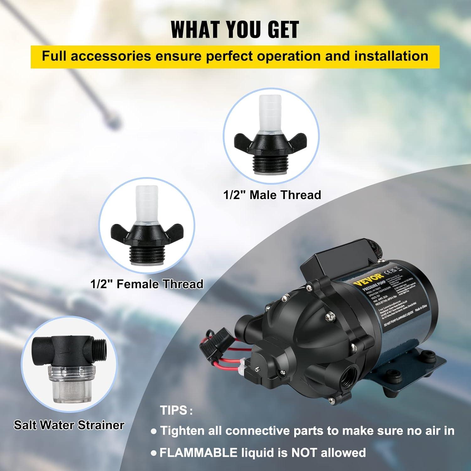 image:imageVEVOR 12V Diaphragm Pump 3 GPM 1136 Lmin 3Chamber 12 Volt DC Water Pump with Automatic Pressure Switch 40100 PSI Adjustable 50 PSI 12 MNPT Port for RV Yacht Food Truck Camper Marine12V 7GPM 60PSI