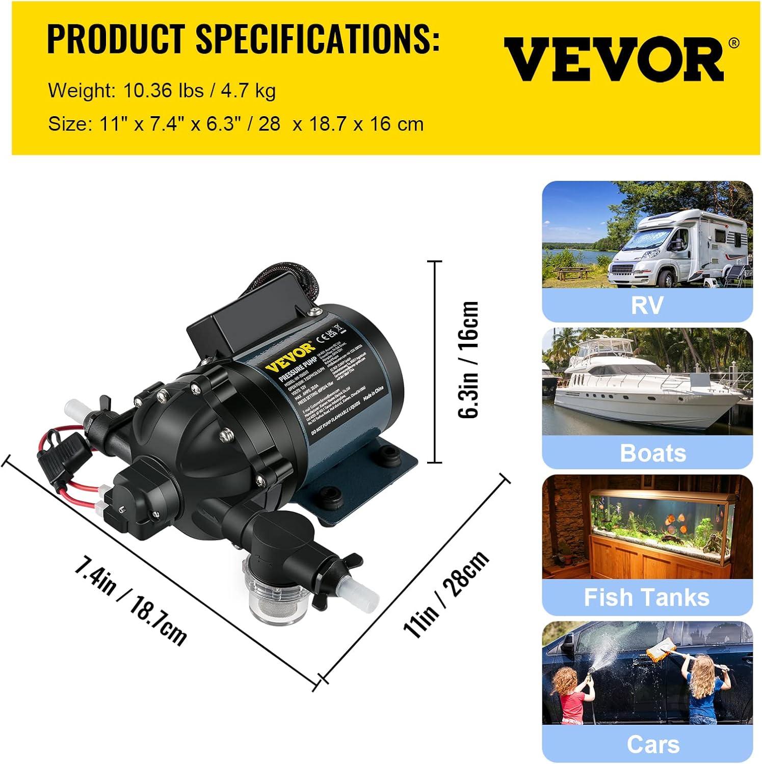 image:imageVEVOR 12V Diaphragm Pump 3 GPM 1136 Lmin 3Chamber 12 Volt DC Water Pump with Automatic Pressure Switch 40100 PSI Adjustable 50 PSI 12 MNPT Port for RV Yacht Food Truck Camper Marine12V 7GPM 60PSI