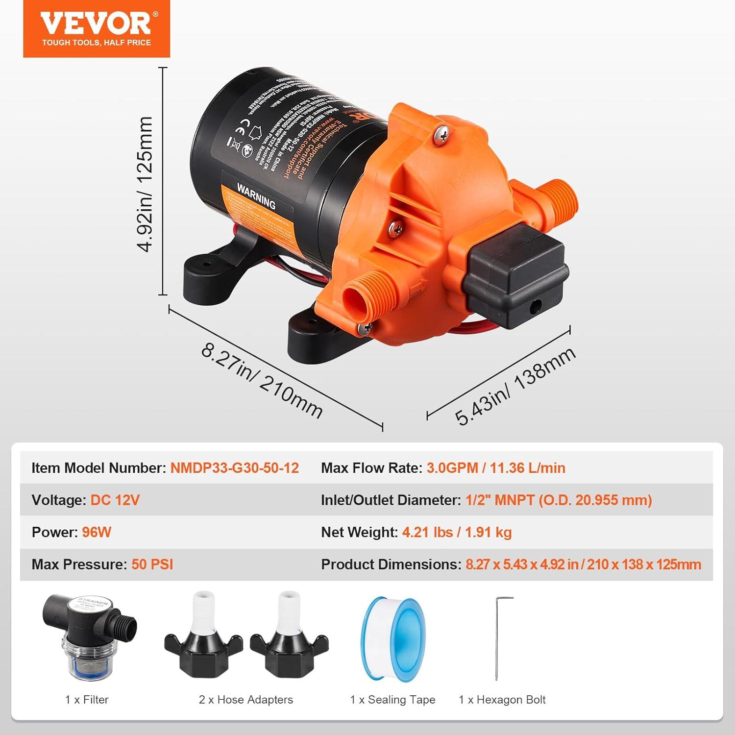 image:imageVEVOR 12V Diaphragm Pump 3 GPM 1136 Lmin 3Chamber 12 Volt DC Water Pump with Automatic Pressure Switch 40100 PSI Adjustable 50 PSI 12 MNPT Port for RV Yacht Food Truck Camper Marine12V 30GPM 50PSI
