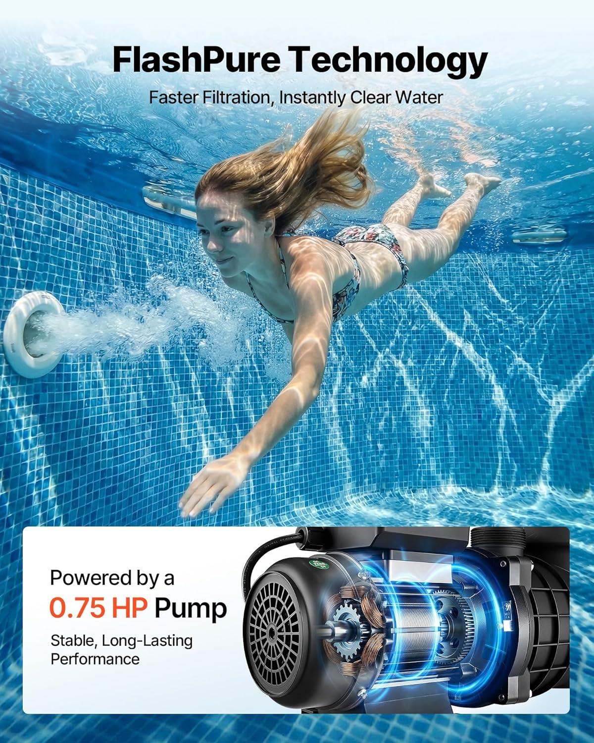 image:imageVEVOR FlashPure Sand Filter Pump 12 in for Above Ground Pool 05 HP 3000 GPH Swimming Pool Filter System with Timer 6X Faster Filtration Media Installed LeakResistant Ready to Use Out of Box14 inch  075 HP  3500 GPH