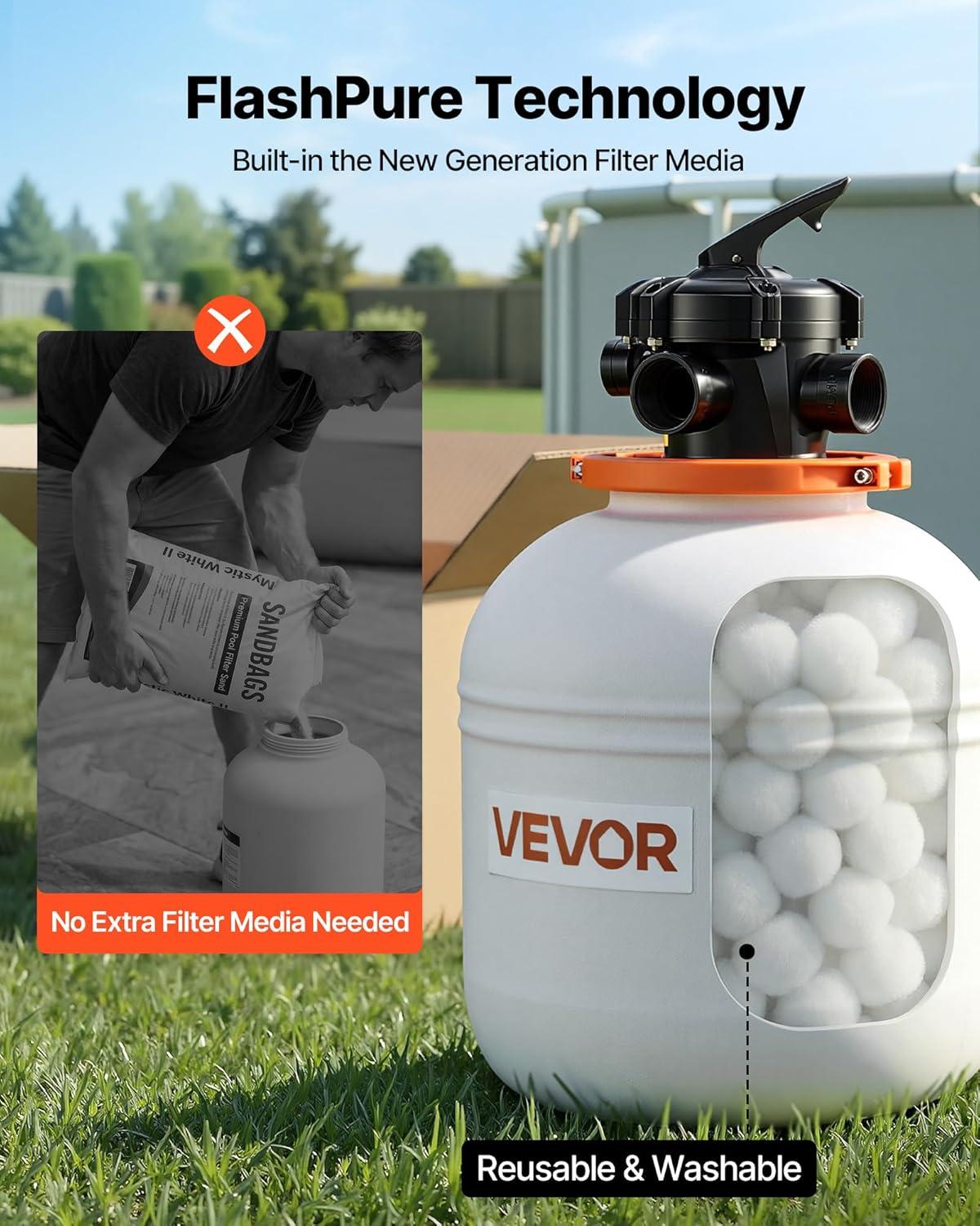 image:imageVEVOR FlashPure Sand Filter Pump 12 in for Above Ground Pool 05 HP 3000 GPH Swimming Pool Filter System with Timer 6X Faster Filtration Media Installed LeakResistant Ready to Use Out of Box14 inch  075 HP  3500 GPH
