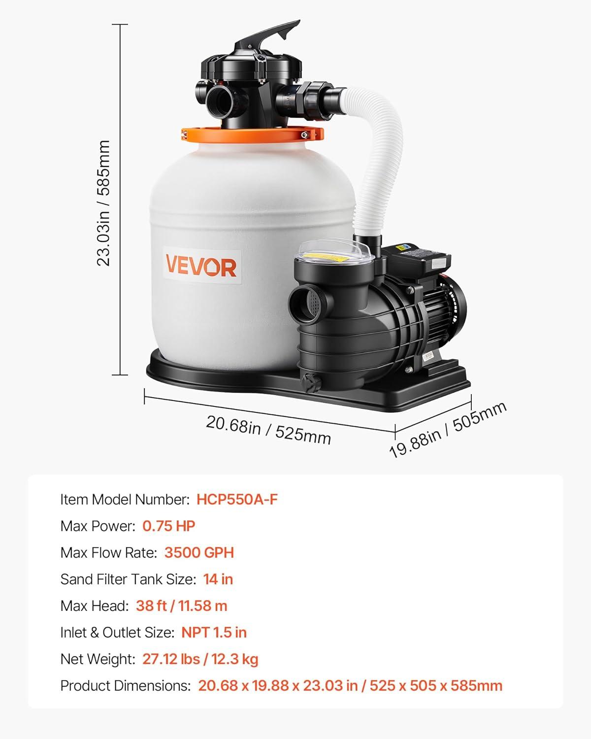 image:imageVEVOR FlashPure Sand Filter Pump 12 in for Above Ground Pool 05 HP 3000 GPH Swimming Pool Filter System with Timer 6X Faster Filtration Media Installed LeakResistant Ready to Use Out of Box14 inch  075 HP  3500 GPH