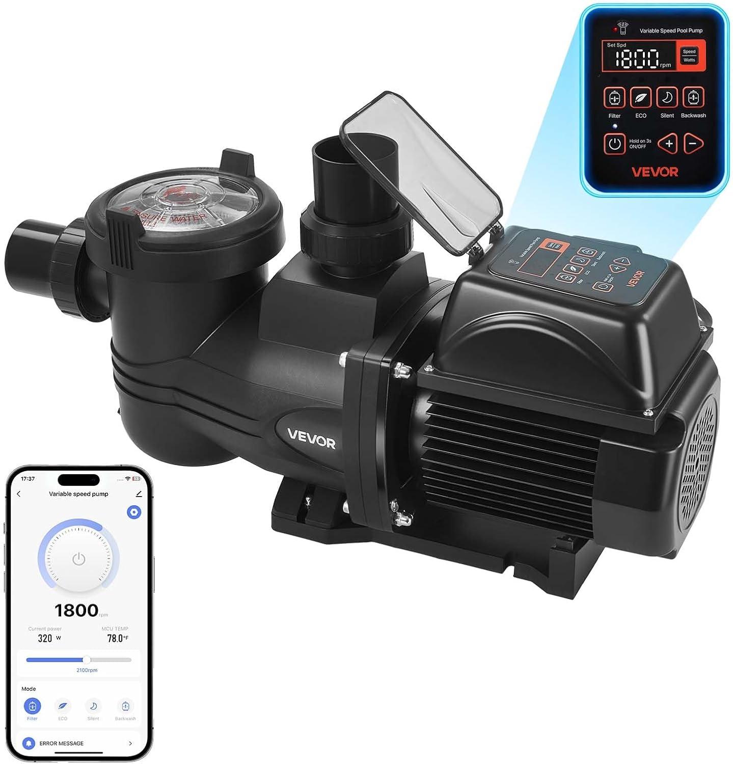 image:imageVEVOR Variable Speed Pool Pump 15 HP AC 220240V 132 GPM inAbove Swimming Pool Pump with Filter Basket Powerful Self Priming Programmable Timer for Inground and Above Ground Swimming Pool20 HP