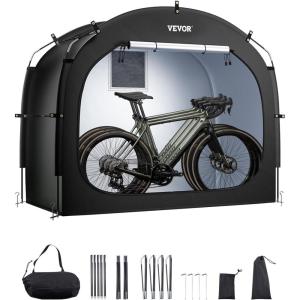 VEVOR Bike Tent, 4 to 5 Bikes, Outdoor Spacious Bike Storage Tent with Ventilated Window, Waterproof Easy-to-Install Bike Tent with High Strength Fiberglass & Dual Zippers, Fit for Bicycle(Black- Cabin-shaped – XXXL for 5-6 Bikes w/ 2 Doors)