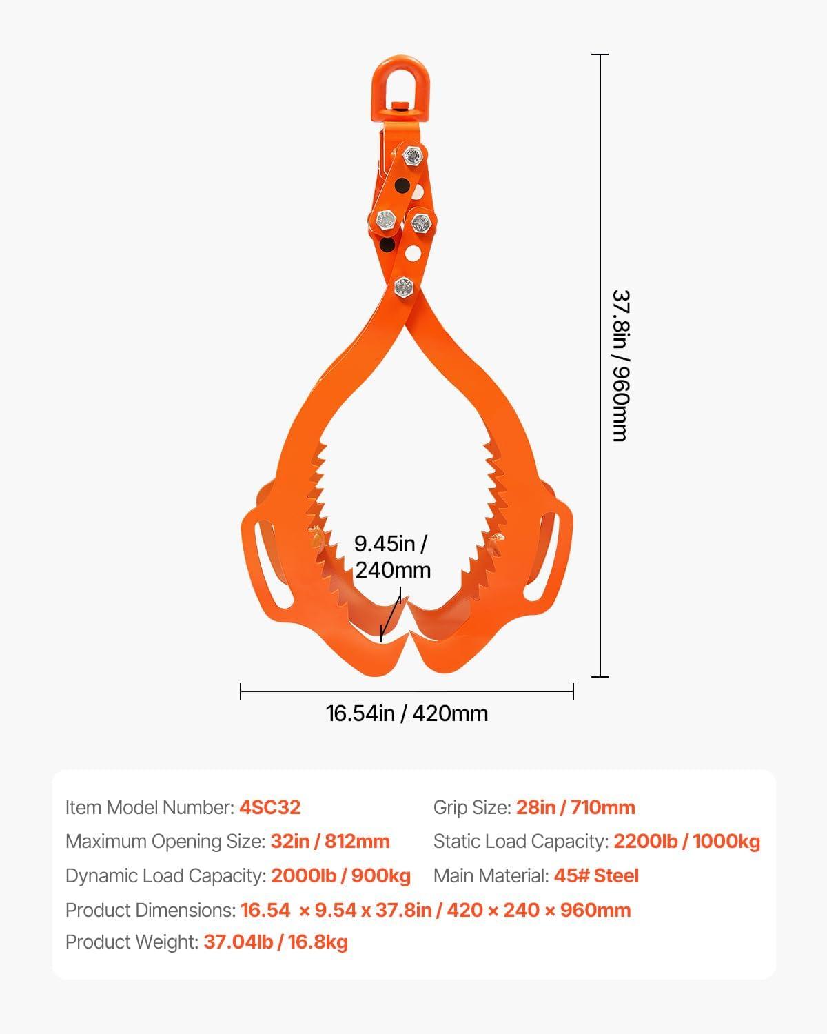 image:imageVEVOR Log Lifting Tongs 36in 4 Serrated Claw Hook Log Tongs Heavy Duty Steel Swivel Dragging Tongs 3300LBS Log Grapple with Handles Lumber Log Skidding Tongs for Tractors Trucks Forklifts ATVs4 Serrated Claw