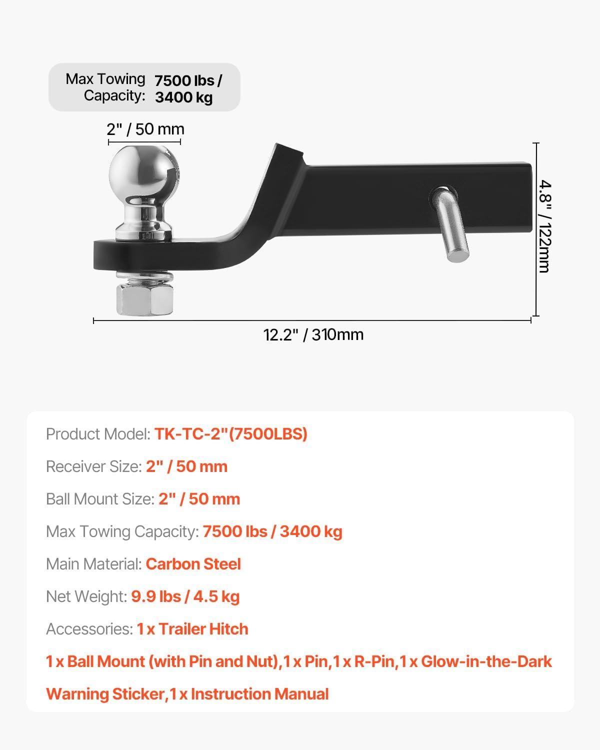 image:imageVEVOR 2 Inch Receiver Trailer Hitch Ball Mount 7500 lbs Capacity Black Carbon Steel Fits Truck RV Trailer ATV MotorcycleBlack