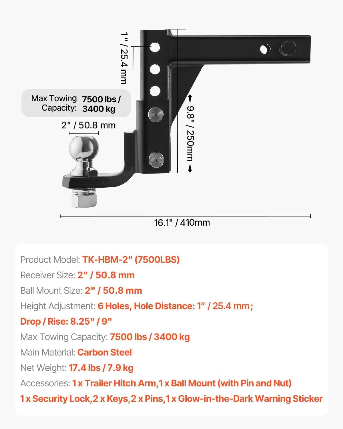 image:imageVEVOR 2 Inch Receiver Trailer Hitch Ball Mount 7500 lbs Capacity Black Carbon Steel Fits Truck RV Trailer ATV MotorcycleBlack