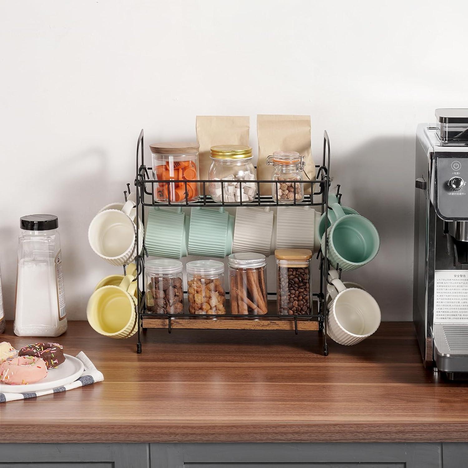 image:imageVEVOR 2 Tier Coffee Bar Organizer for Countertop Multifunctional Mug Holder and Coffee Station 12 Movable Hooks and 2 Shelves for Coffee Accessories Storage and Display Home Office Matte Black12 HooksCountertop