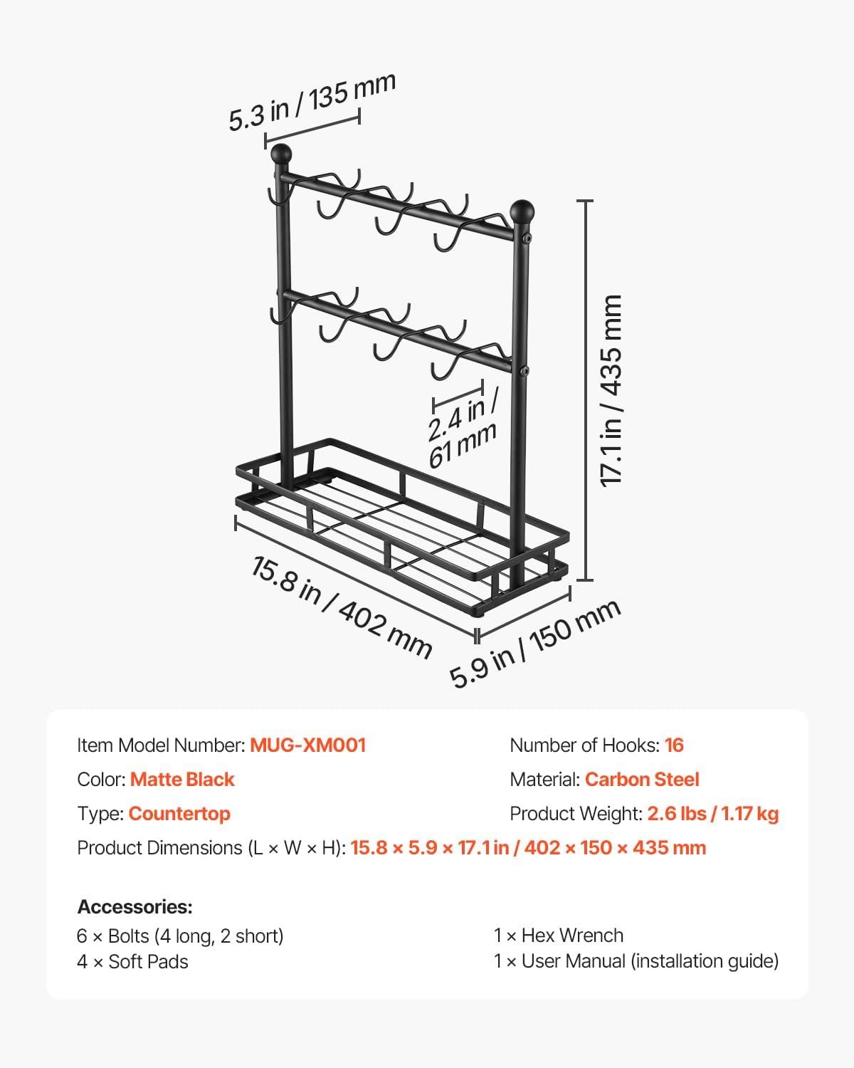 image:imageVEVOR 2 Tier Coffee Bar Organizer for Countertop Multifunctional Mug Holder and Coffee Station 12 Movable Hooks and 2 Shelves for Coffee Accessories Storage and Display Home Office Matte Black16 HooksSteel Mug