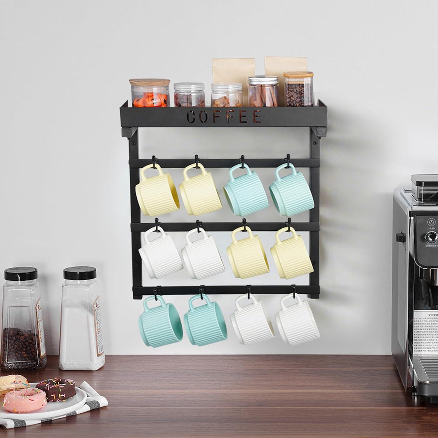 image:imageVEVOR 2 Tier Coffee Bar Organizer for Countertop Multifunctional Mug Holder and Coffee Station 12 Movable Hooks and 2 Shelves for Coffee Accessories Storage and Display Home Office Matte Black12 HooksWall Mounted
