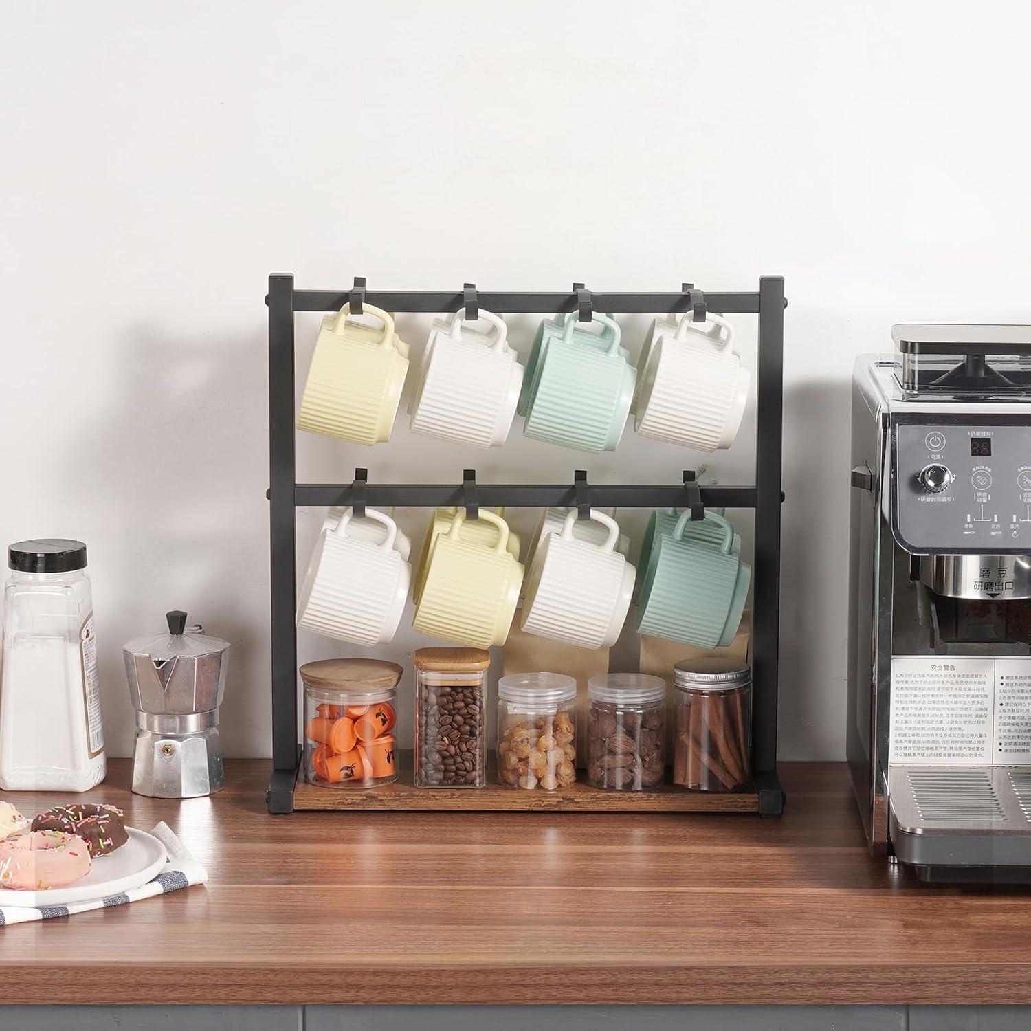 image:imageVEVOR 2 Tier Coffee Bar Organizer for Countertop Multifunctional Mug Holder and Coffee Station 12 Movable Hooks and 2 Shelves for Coffee Accessories Storage and Display Home Office Matte Black16 HooksWood Mug