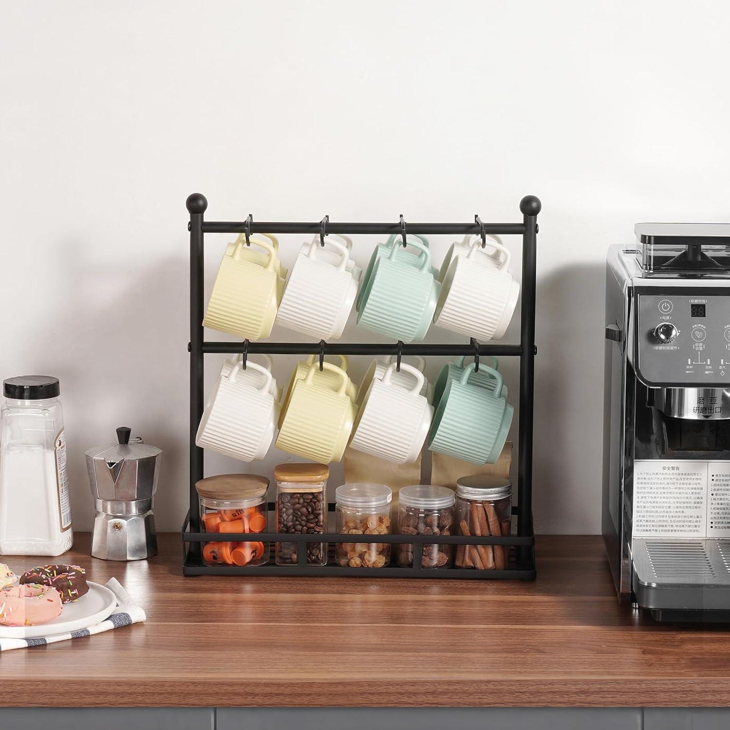 image:imageVEVOR 2 Tier Coffee Bar Organizer for Countertop Multifunctional Mug Holder and Coffee Station 12 Movable Hooks and 2 Shelves for Coffee Accessories Storage and Display Home Office Matte Black16 HooksSteel Mug