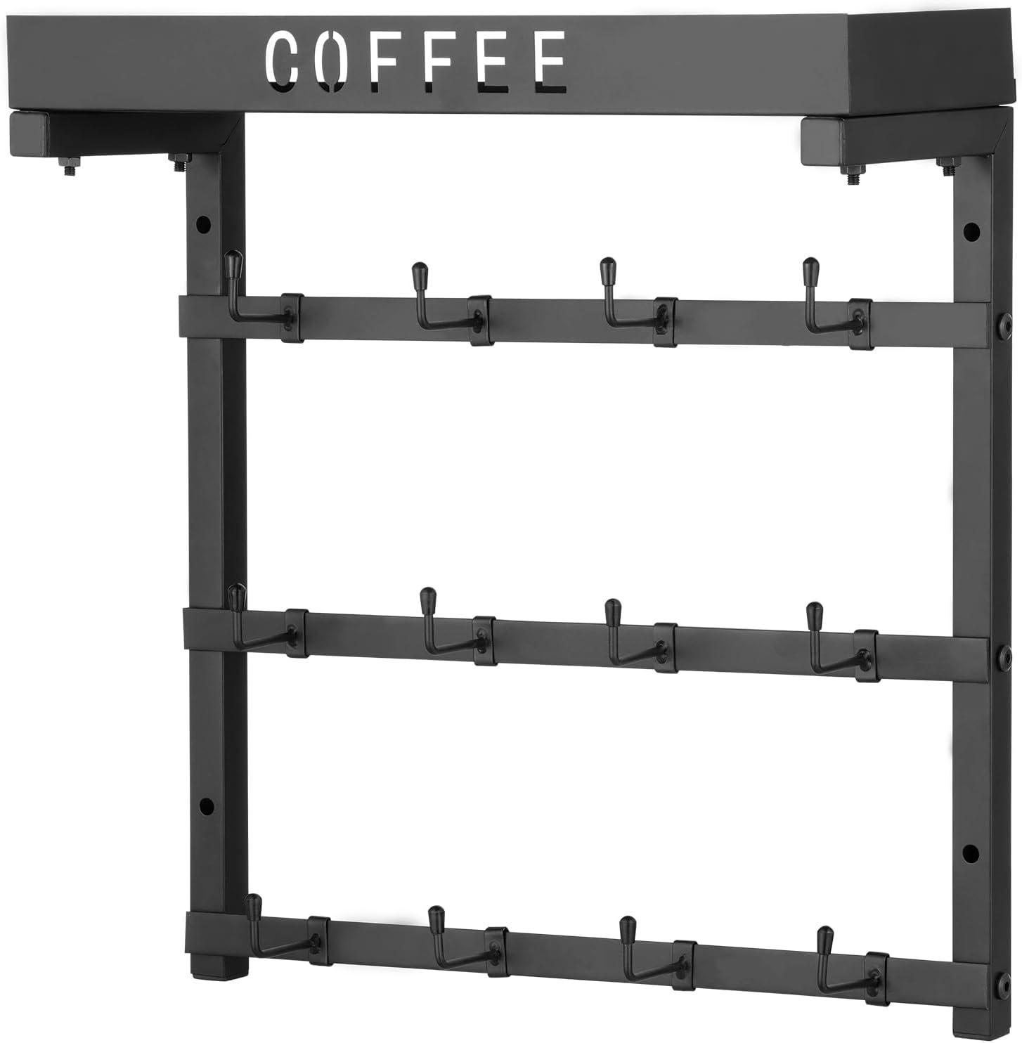 image:imageVEVOR 2 Tier Coffee Bar Organizer for Countertop Multifunctional Mug Holder and Coffee Station 12 Movable Hooks and 2 Shelves for Coffee Accessories Storage and Display Home Office Matte Black12 HooksWall Mounted