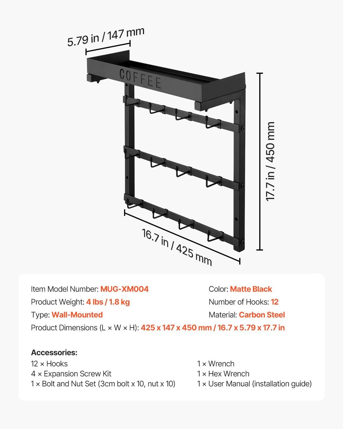 image:imageVEVOR 2 Tier Coffee Bar Organizer for Countertop Multifunctional Mug Holder and Coffee Station 12 Movable Hooks and 2 Shelves for Coffee Accessories Storage and Display Home Office Matte Black12 HooksWall Mounted