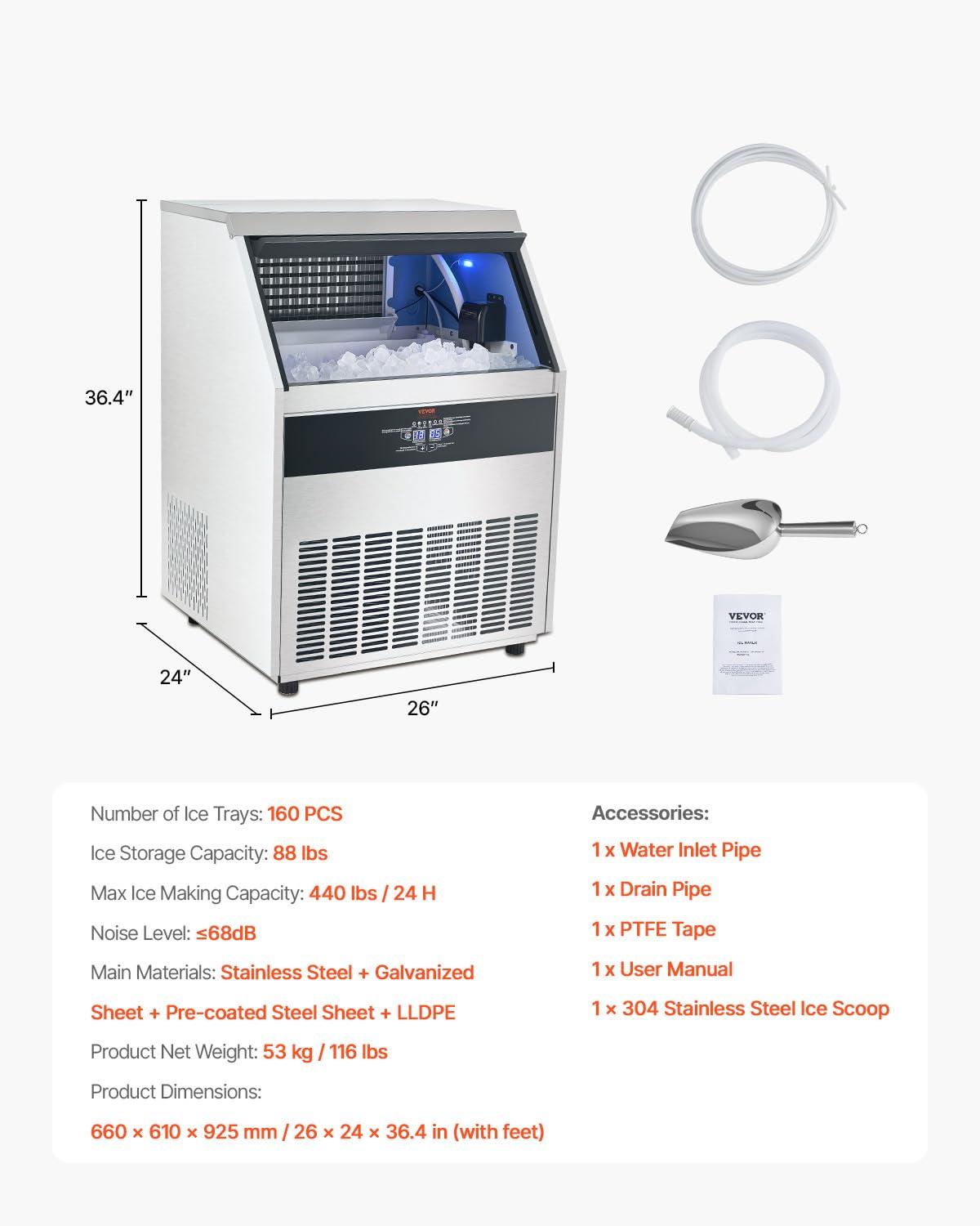 image:imageVEVOR Commercial Ice Maker Machine 130Lbs24H with 33Lbs Storage 45 Cubes per Cycle Stainless Steel Freestanding amp Under Counter Ice Maker with LED Display amp SelfCleaning for Home Bar Restaurant440lbs24H