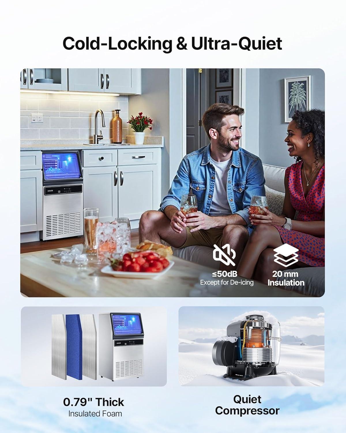 image:imageVEVOR Commercial Ice Maker Machine 130Lbs24H with 33Lbs Storage 45 Cubes per Cycle Stainless Steel Freestanding amp Under Counter Ice Maker with LED Display amp SelfCleaning for Home Bar Restaurant130Lbs24H