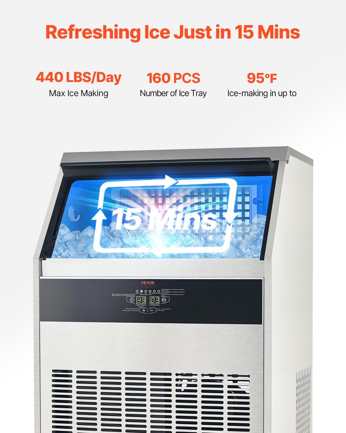image:imageVEVOR Commercial Ice Maker Machine 130Lbs24H with 33Lbs Storage 45 Cubes per Cycle Stainless Steel Freestanding amp Under Counter Ice Maker with LED Display amp SelfCleaning for Home Bar Restaurant440lbs24H