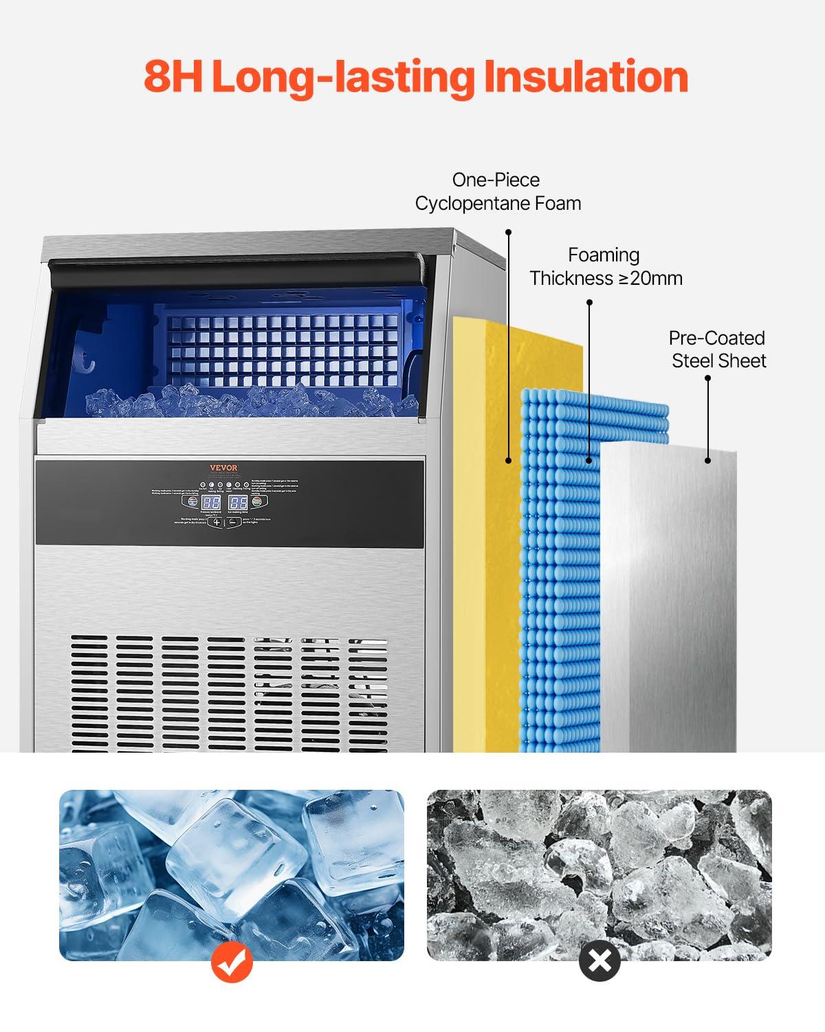 image:imageVEVOR Commercial Ice Maker Machine 130Lbs24H with 33Lbs Storage 45 Cubes per Cycle Stainless Steel Freestanding amp Under Counter Ice Maker with LED Display amp SelfCleaning for Home Bar Restaurant160lbs24H
