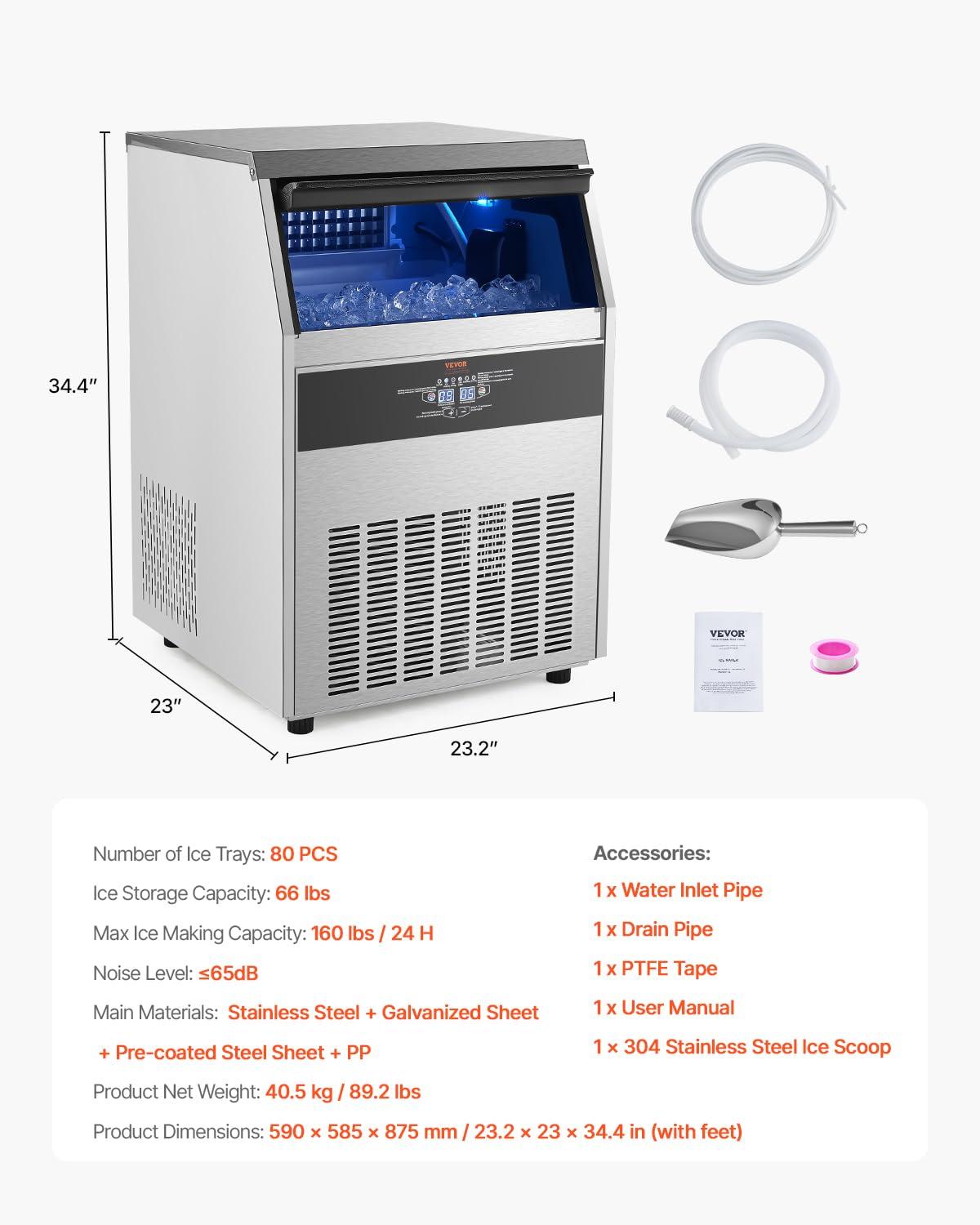 image:imageVEVOR Commercial Ice Maker Machine 130Lbs24H with 33Lbs Storage 45 Cubes per Cycle Stainless Steel Freestanding amp Under Counter Ice Maker with LED Display amp SelfCleaning for Home Bar Restaurant160lbs24H