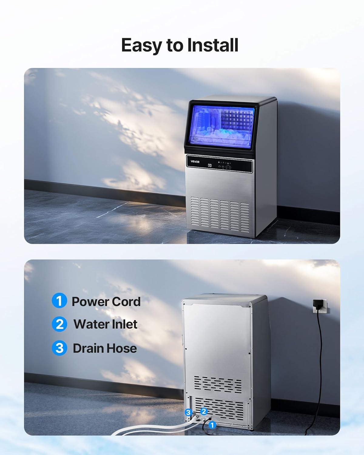image:imageVEVOR Commercial Ice Maker Machine 130Lbs24H with 33Lbs Storage 45 Cubes per Cycle Stainless Steel Freestanding amp Under Counter Ice Maker with LED Display amp SelfCleaning for Home Bar Restaurant130Lbs24H