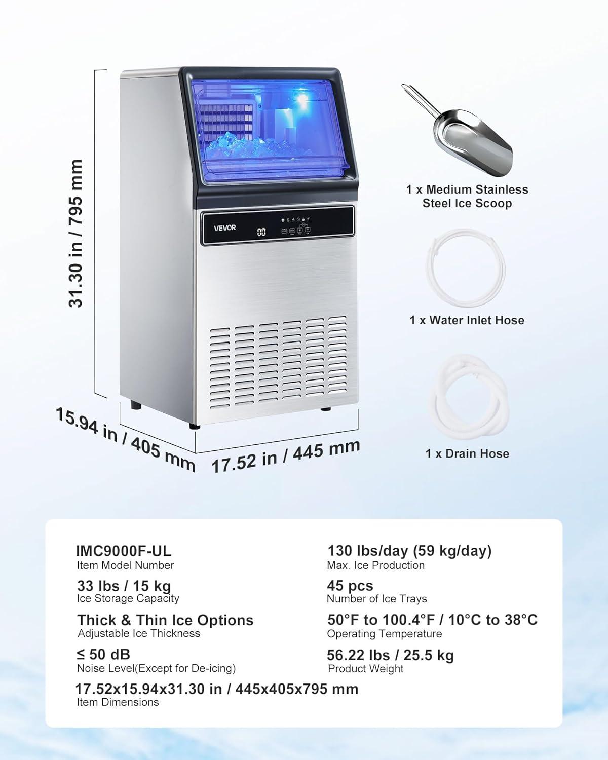 image:imageVEVOR Commercial Ice Maker Machine 130Lbs24H with 33Lbs Storage 45 Cubes per Cycle Stainless Steel Freestanding amp Under Counter Ice Maker with LED Display amp SelfCleaning for Home Bar Restaurant130Lbs24H