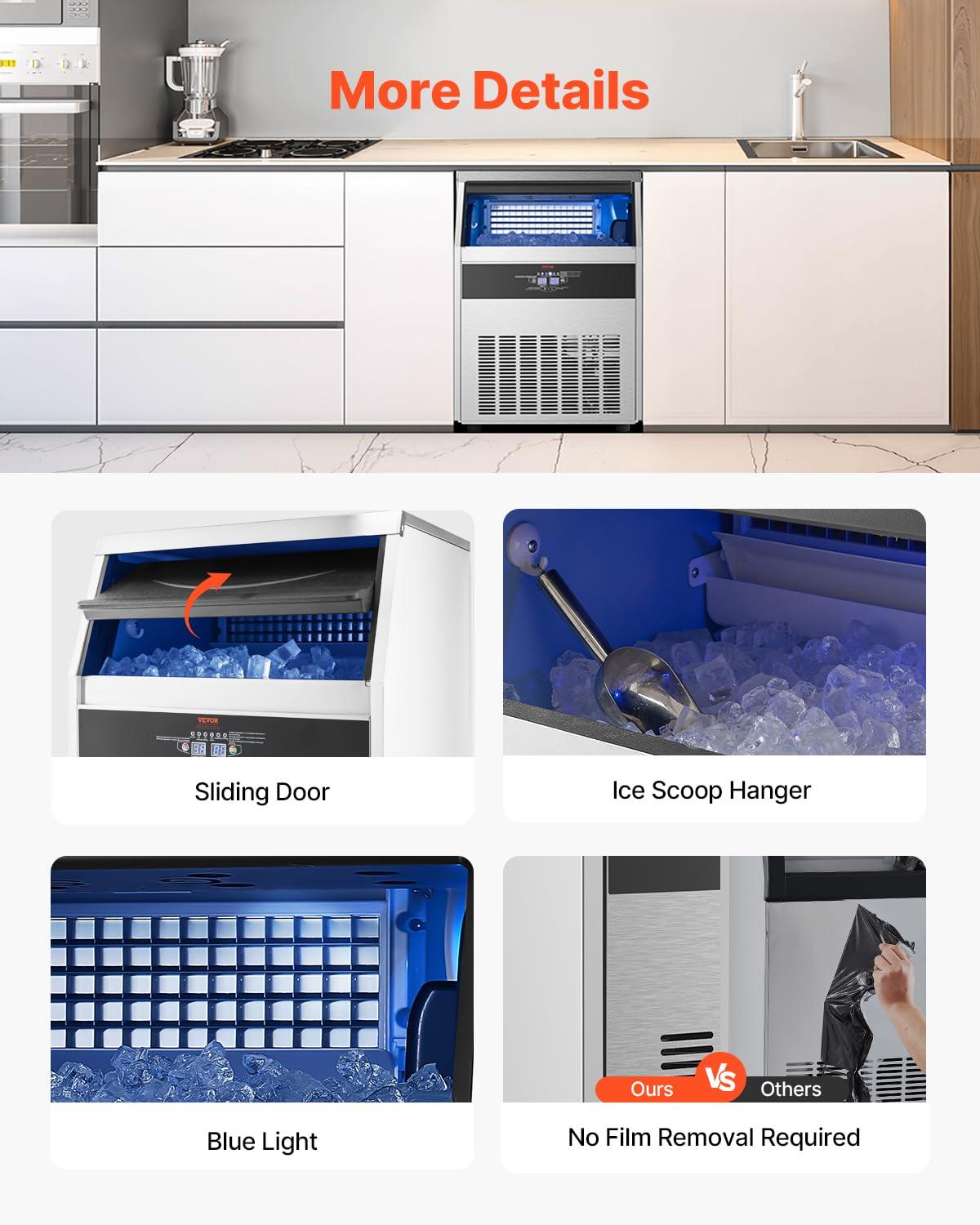 image:imageVEVOR Commercial Ice Maker Machine 130Lbs24H with 33Lbs Storage 45 Cubes per Cycle Stainless Steel Freestanding amp Under Counter Ice Maker with LED Display amp SelfCleaning for Home Bar Restaurant160lbs24H