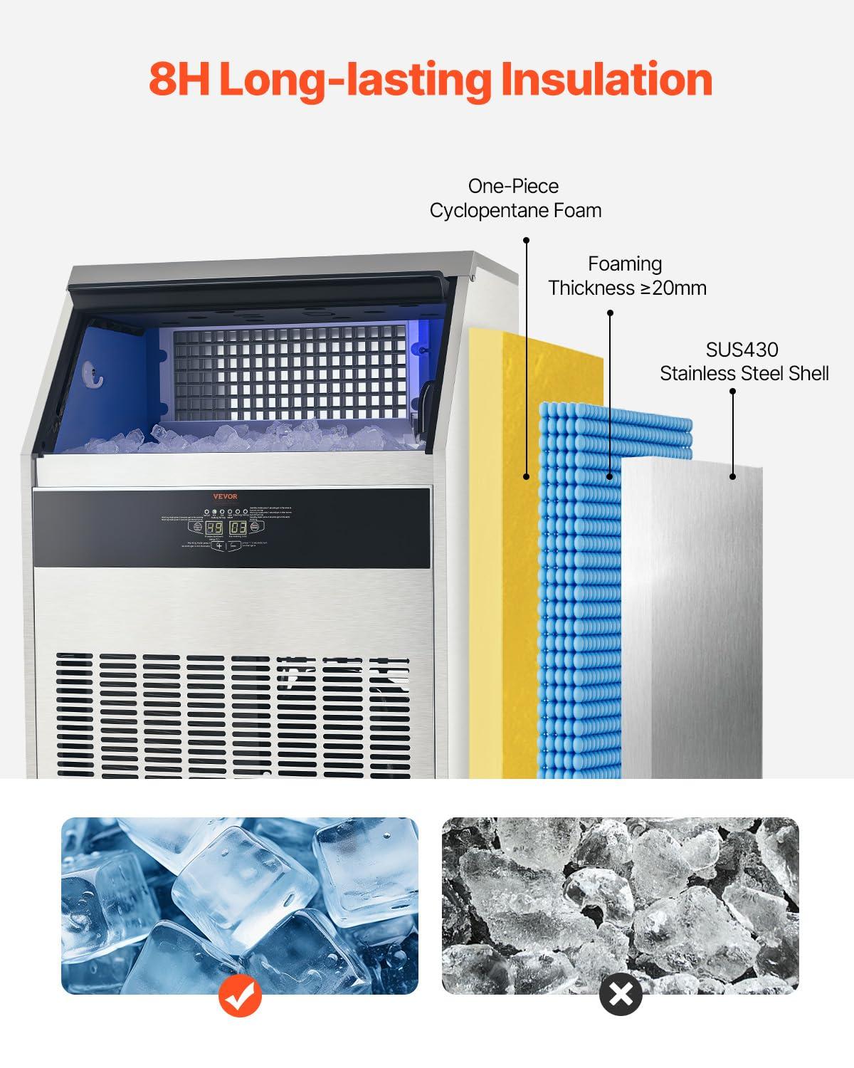 image:imageVEVOR Commercial Ice Maker Machine 130Lbs24H with 33Lbs Storage 45 Cubes per Cycle Stainless Steel Freestanding amp Under Counter Ice Maker with LED Display amp SelfCleaning for Home Bar Restaurant440lbs24H