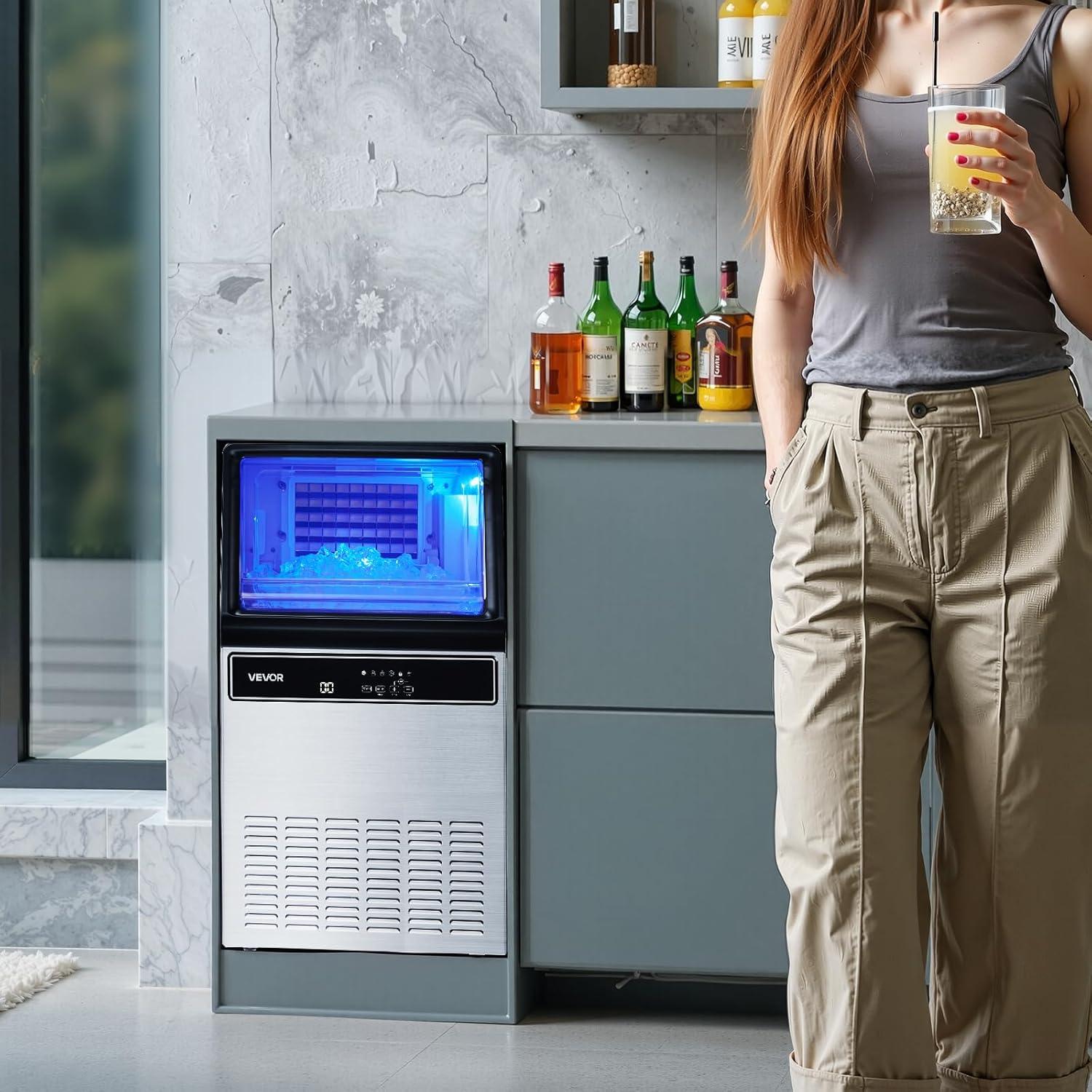 image:imageVEVOR Commercial Ice Maker Machine 130Lbs24H with 33Lbs Storage 45 Cubes per Cycle Stainless Steel Freestanding amp Under Counter Ice Maker with LED Display amp SelfCleaning for Home Bar Restaurant130Lbs24H