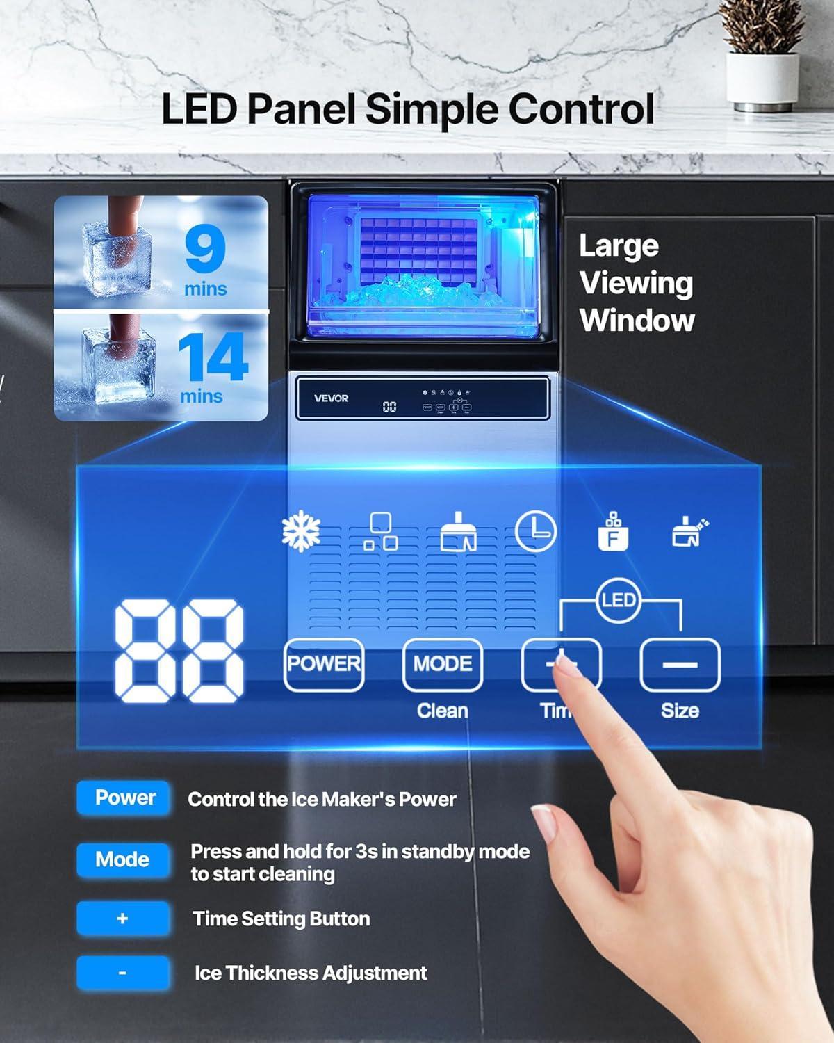 image:imageVEVOR Commercial Ice Maker Machine 130Lbs24H with 33Lbs Storage 45 Cubes per Cycle Stainless Steel Freestanding amp Under Counter Ice Maker with LED Display amp SelfCleaning for Home Bar Restaurant130Lbs24H