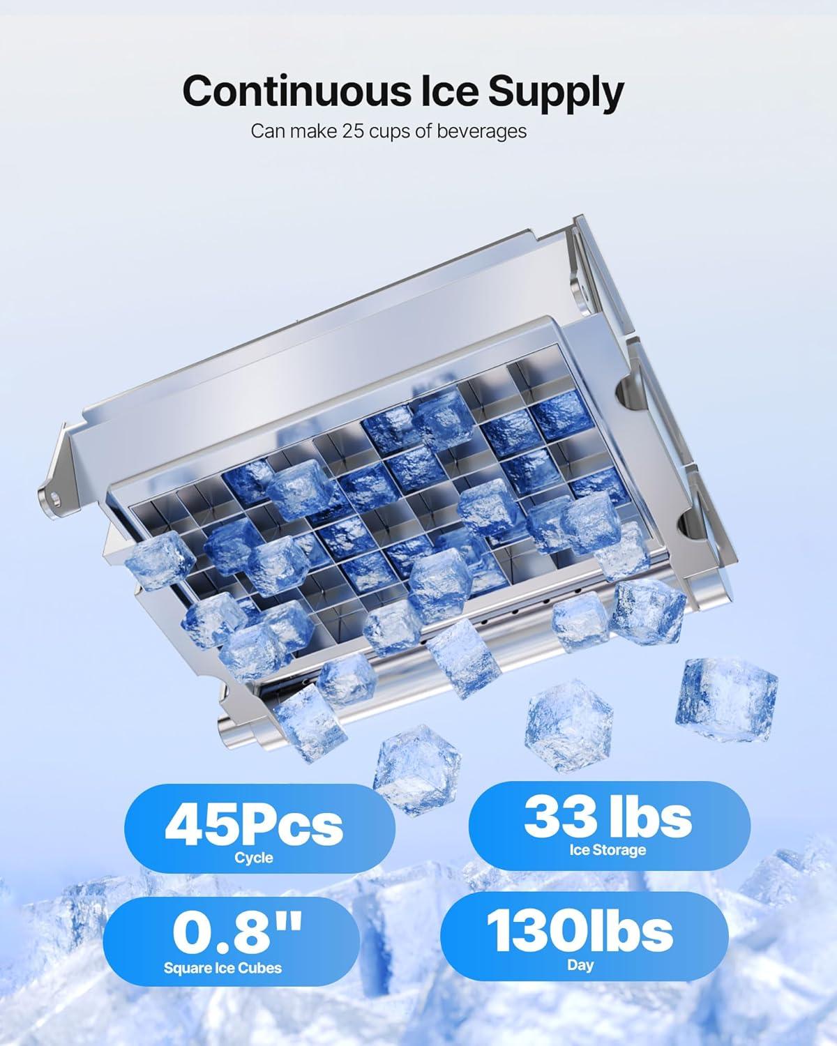 image:imageVEVOR Commercial Ice Maker Machine 130Lbs24H with 33Lbs Storage 45 Cubes per Cycle Stainless Steel Freestanding amp Under Counter Ice Maker with LED Display amp SelfCleaning for Home Bar Restaurant130Lbs24H