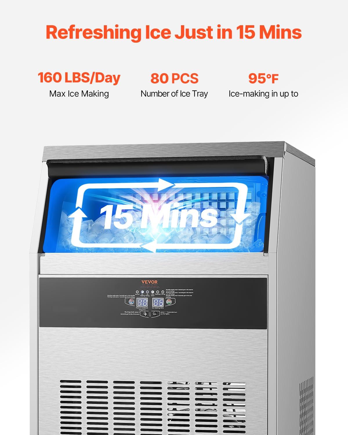 image:imageVEVOR Commercial Ice Maker Machine 130Lbs24H with 33Lbs Storage 45 Cubes per Cycle Stainless Steel Freestanding amp Under Counter Ice Maker with LED Display amp SelfCleaning for Home Bar Restaurant160lbs24H