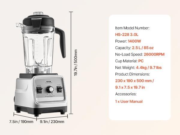 image:imageVEVOR Professional Blender for Smoothies 85 oz 1400Wwith Powerful Motor MultiFunctional Food Processing for SmoothieMilkshakeJuice Fits for Kitchen25 L 85 oz