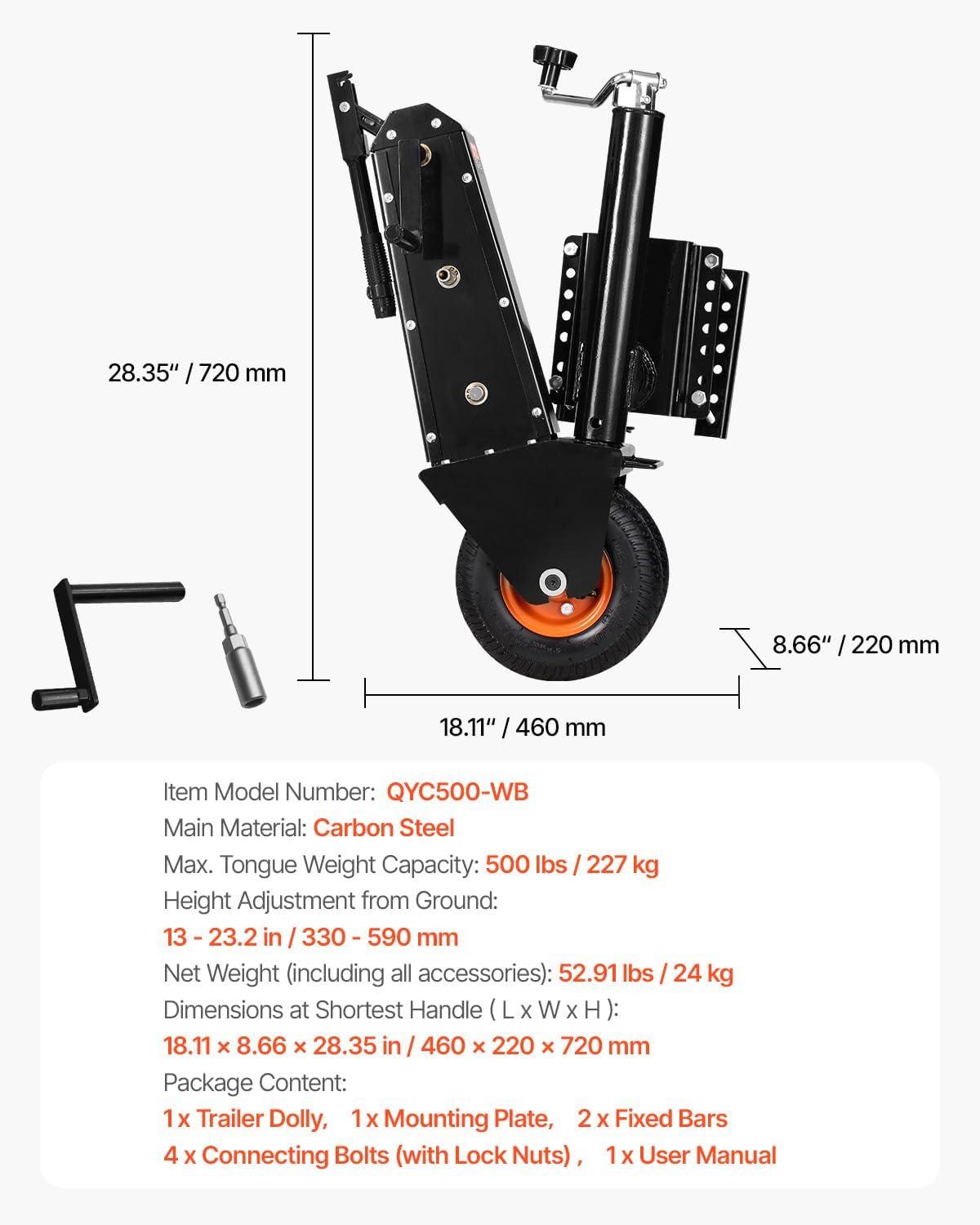 image:imageVEVOR Trailer Dolly 500lbs Tongue Weight Capacity 13 inch232 inch Height Adjustable Trailer Mover Dolly 9inch Pneumatic Rubber Tire Manual or Electric Wrench Drive for Moving RV Trailer