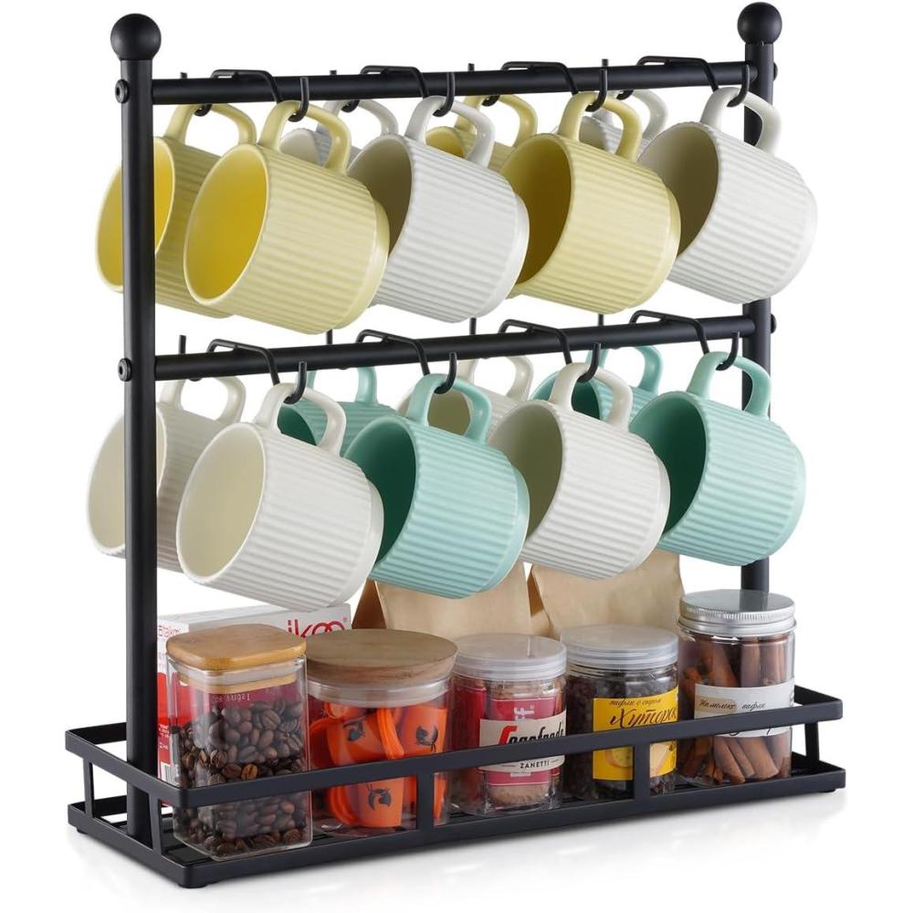 image:imageVEVOR 2 Tier Coffee Bar Organizer for Countertop Multifunctional Mug Holder and Coffee Station 12 Movable Hooks and 2 Shelves for Coffee Accessories Storage and Display Home Office Matte Black16 HooksSteel Mug